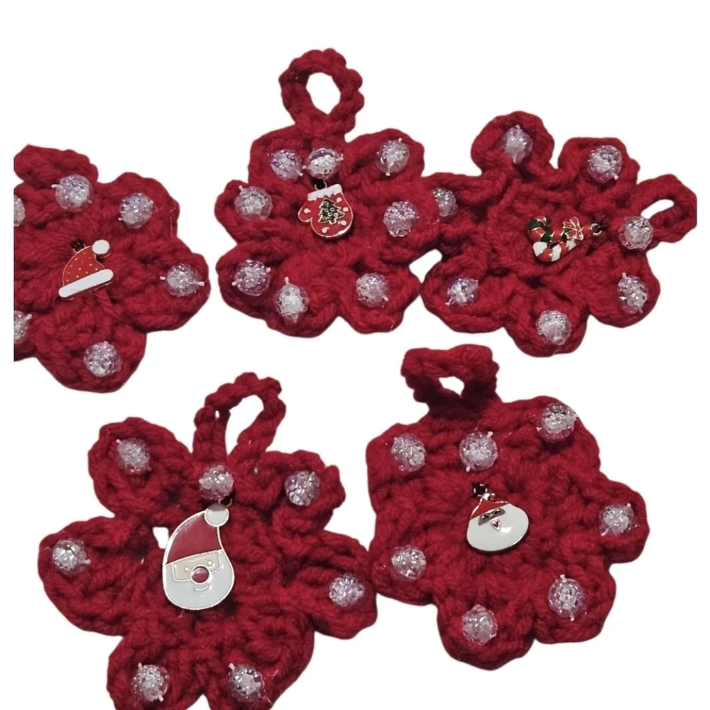 Hand Crafted Upcycled Chritsmas Ornaments Hand Crochet red beaded floral pattern
